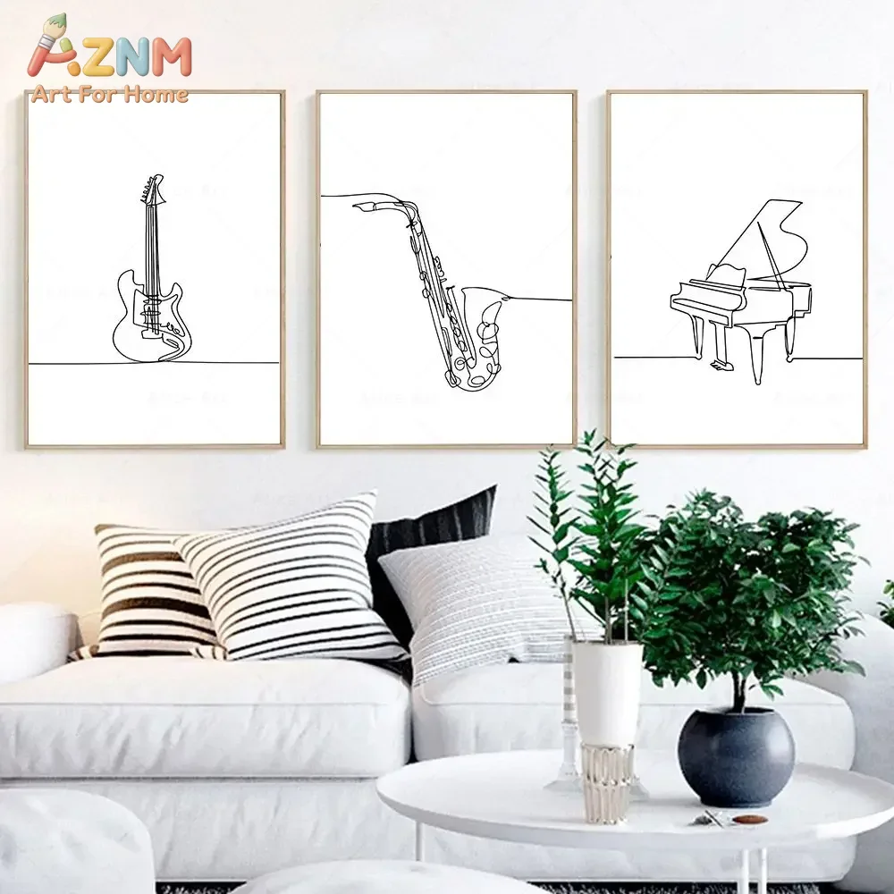 AZNM 미니멀리스트 원 라인 아트 악기 캔버스 벽 예 - Musical Instrument In Drawing 리뷰 및 가격